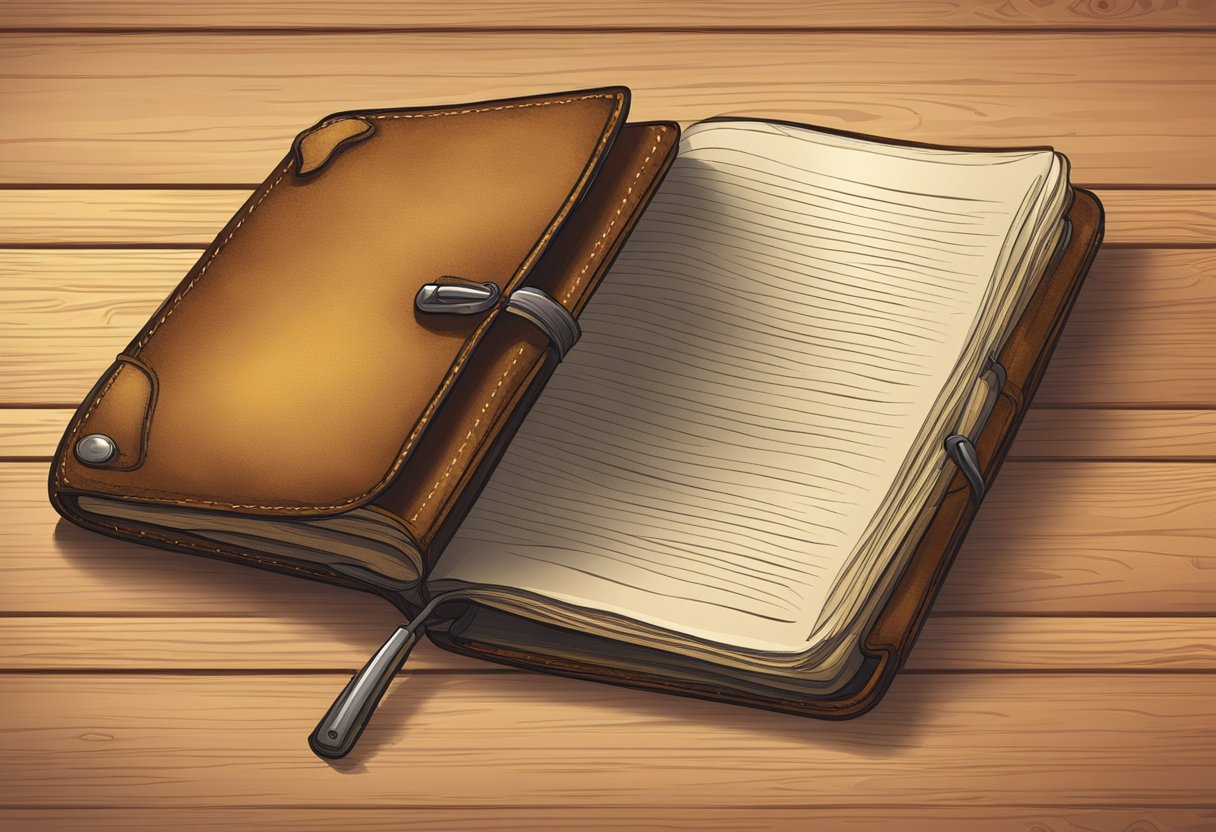 A leather notebook rests on a wooden desk, its cover weathered and worn. The pages are slightly yellowed, hinting at the stories and memories held within