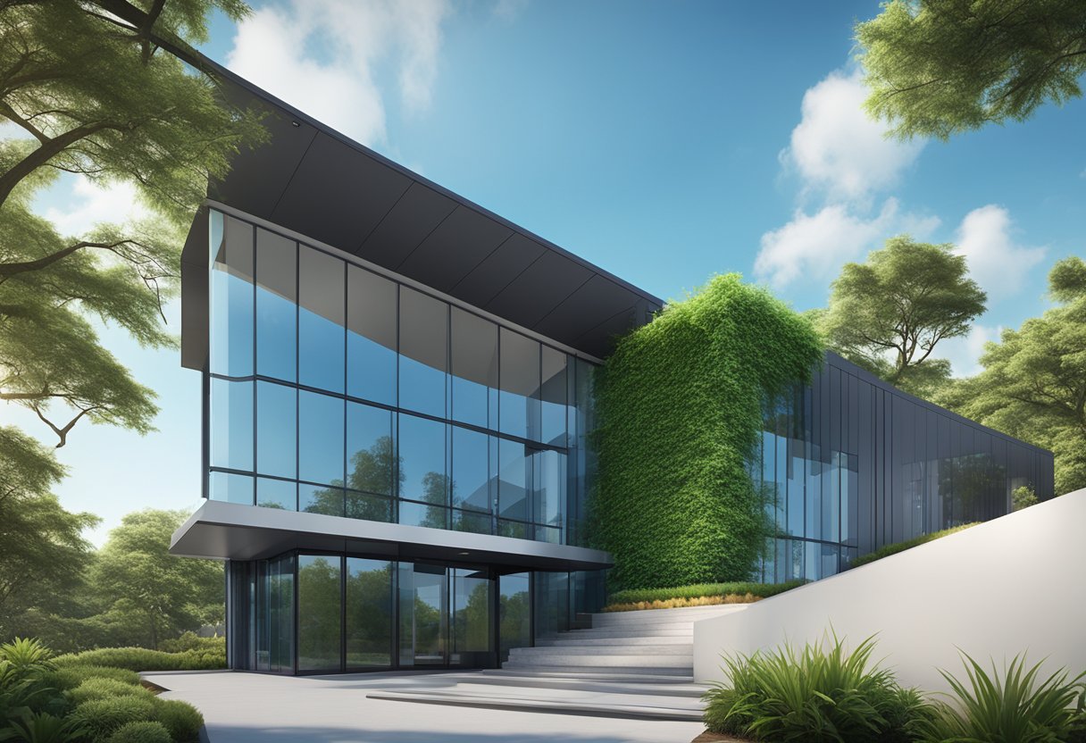 The intexco logo sits prominently on a sleek, modern office building, surrounded by lush greenery and a clear blue sky