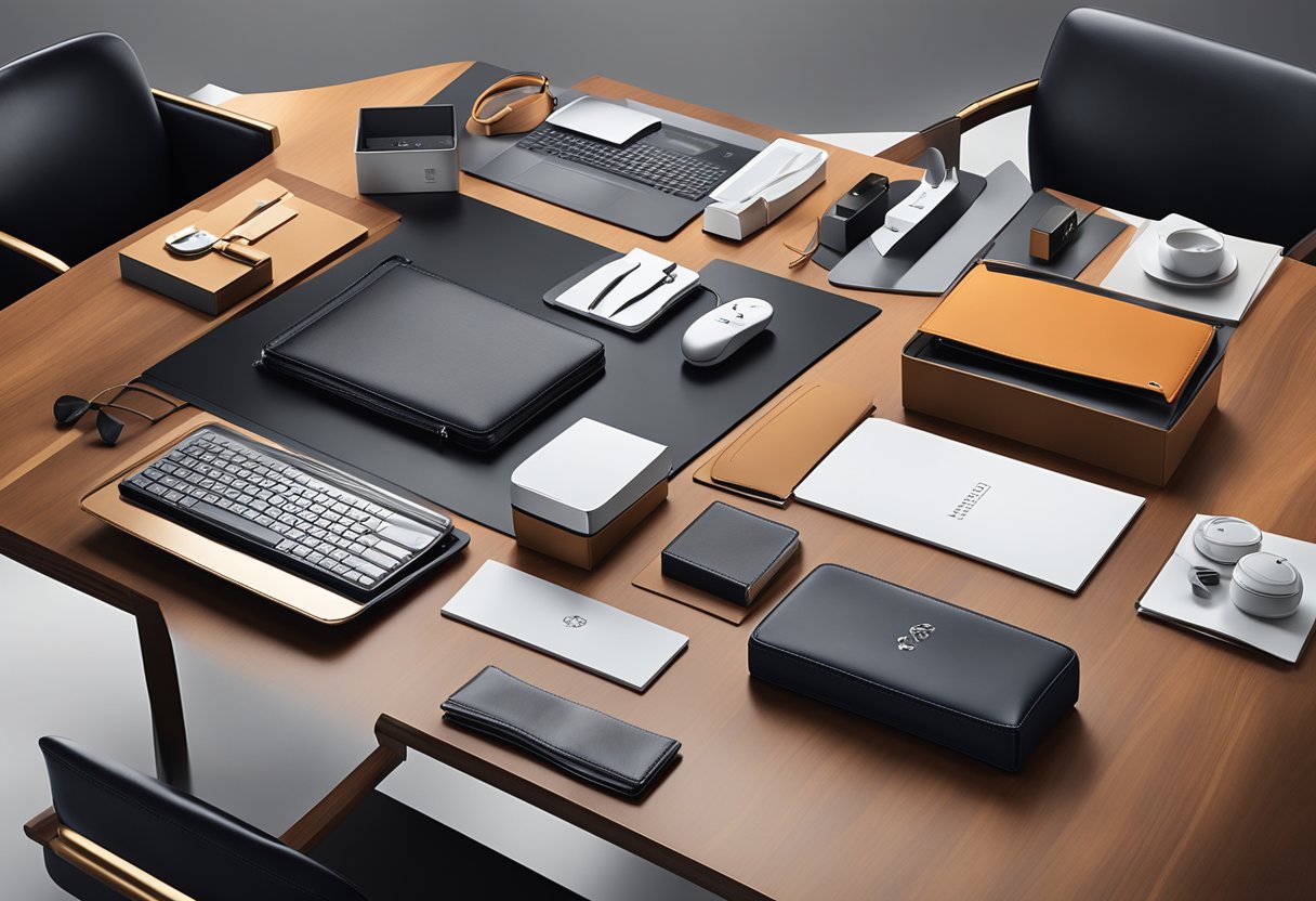 A lavish display of high-end corporate gifts, including branded leather goods, premium tech gadgets, and gourmet gift baskets, arranged on a sleek, modern conference table