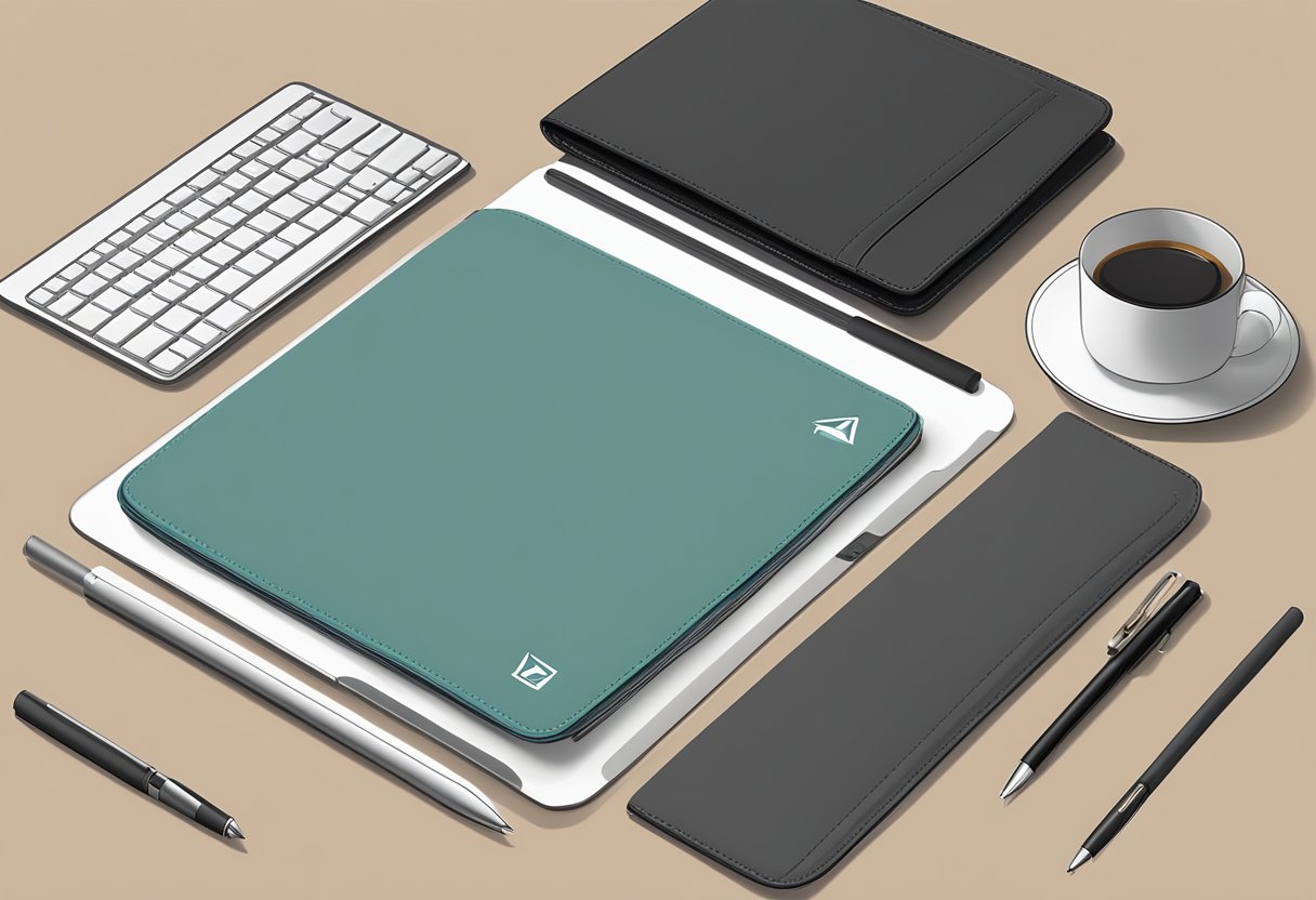 A laptop sleeve with a corporate logo sits on a desk with a pen and notepad