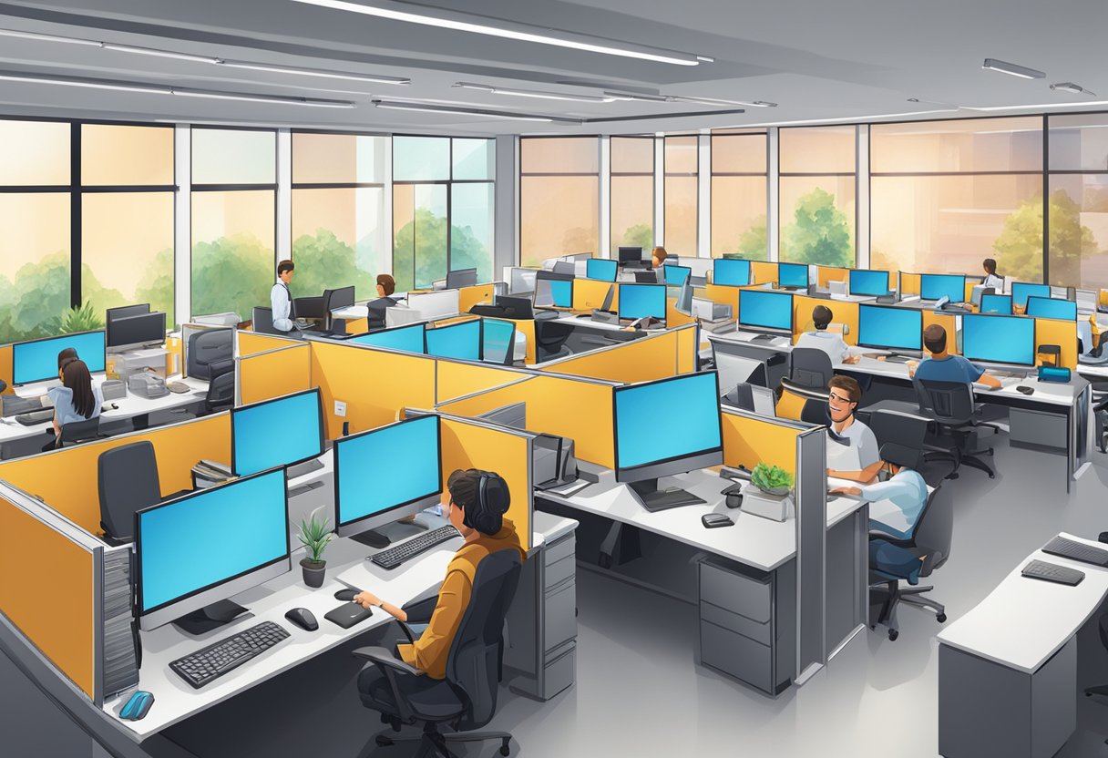 Employees working in a modern office space at Intexco. Computers, desks, and office supplies are visible. The atmosphere is busy and focused