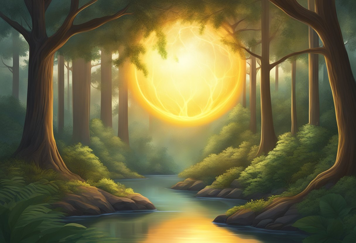 A glowing orb hovers above a lush forest, emitting a soft, warm light that illuminates the surrounding trees and wildlife