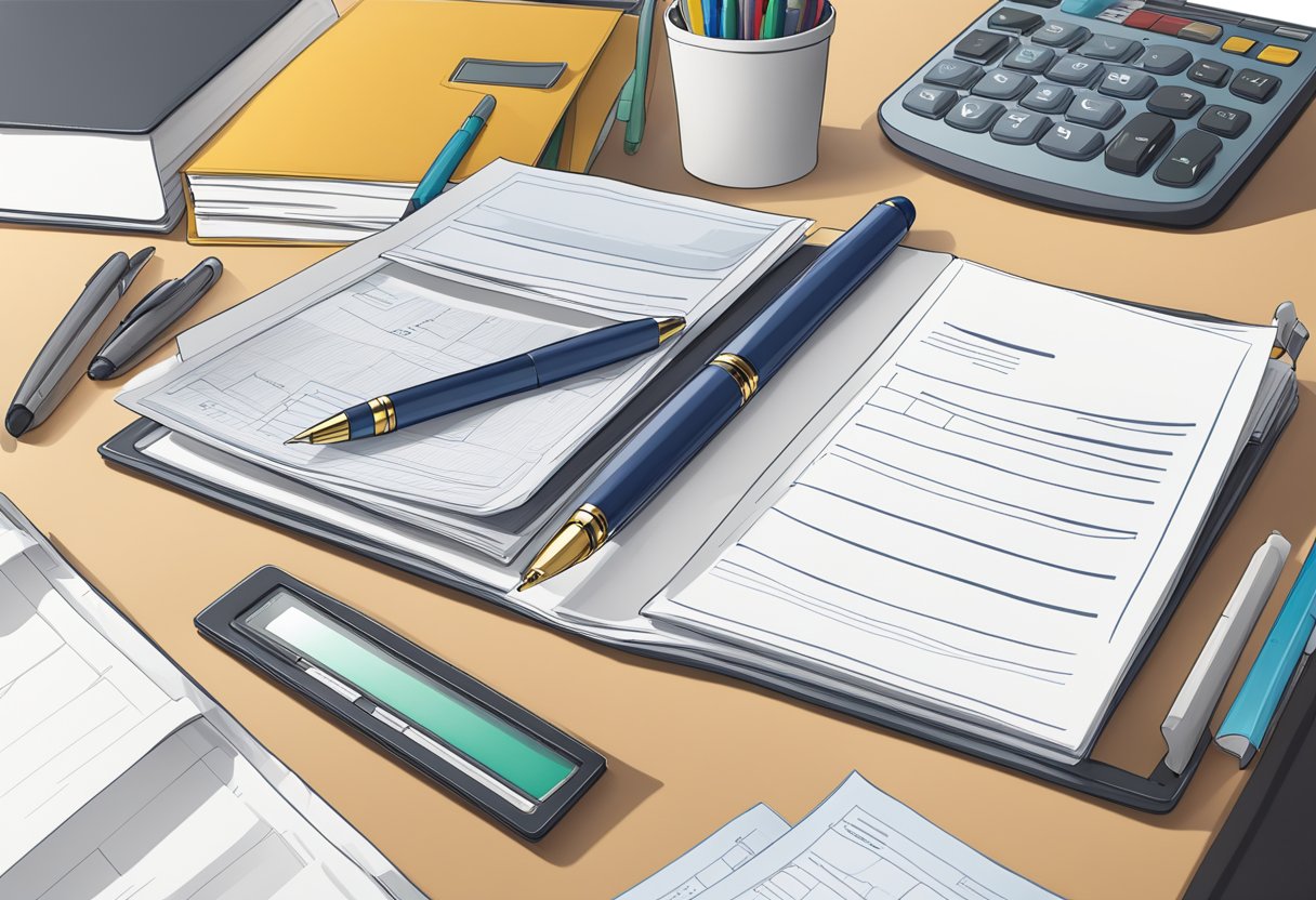 An L-shaped folder sits open on a desk, filled with papers and documents. A pen and calculator are nearby, ready for use