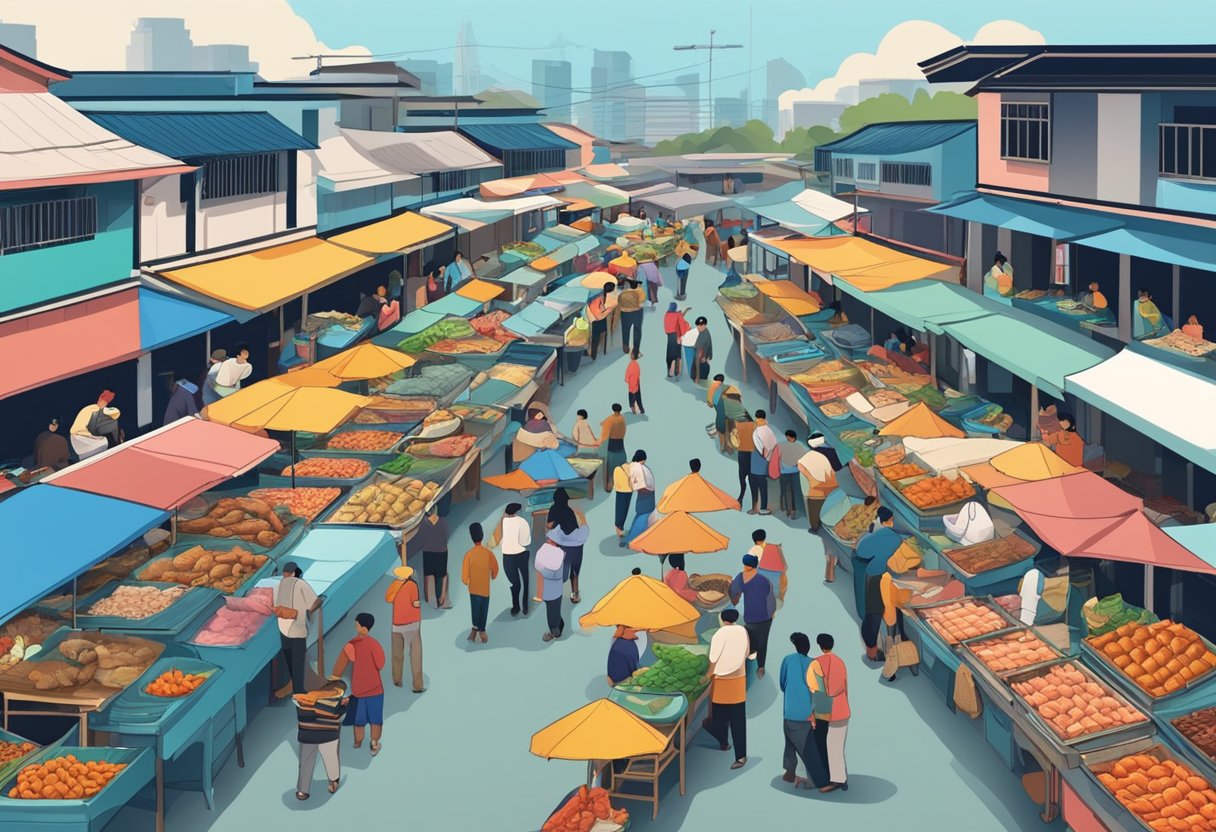 A bustling seafood market in Johor Bahru, with colorful stalls and vendors serving fresh catches to eager customers from both Malaysia and Singapore