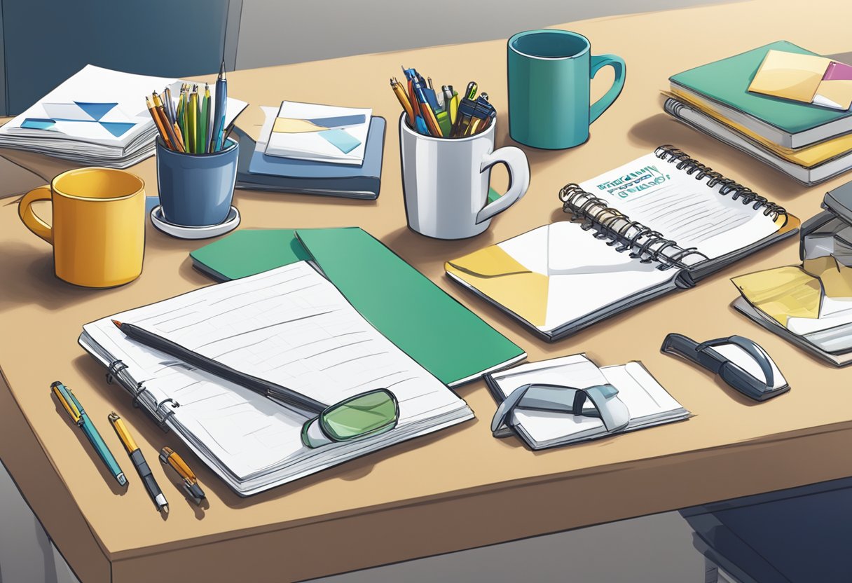 A table with various corporate gifts displayed, including mugs, pens, and notebooks. A sign with "Frequently Asked Questions" is prominently placed