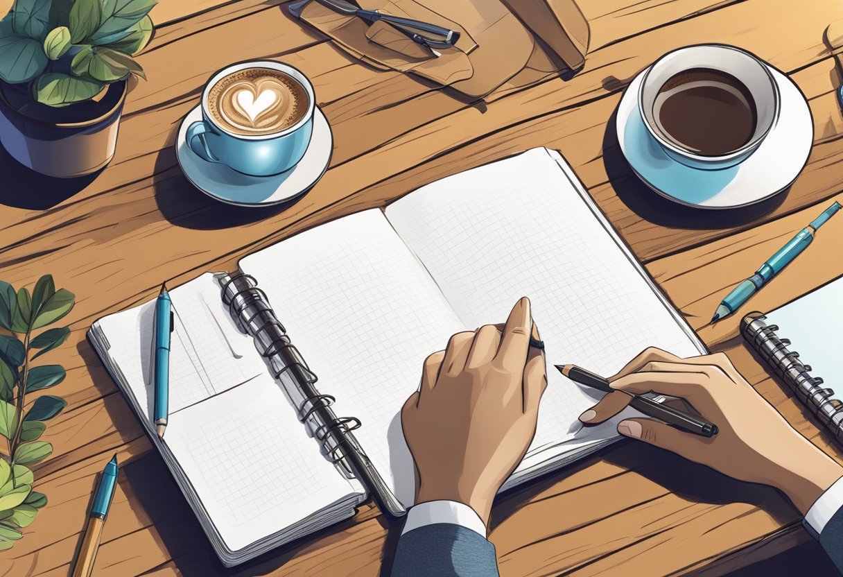 A hand reaches for a leather notebook on a wooden table, surrounded by pens and a cup of coffee