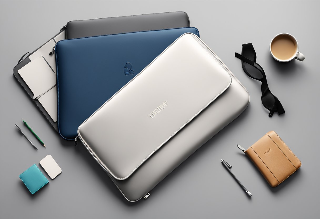 A sleek laptop sleeve sits on a desk, with a company logo subtly embossed on the front. It is surrounded by other office accessories, creating a professional and stylish atmosphere