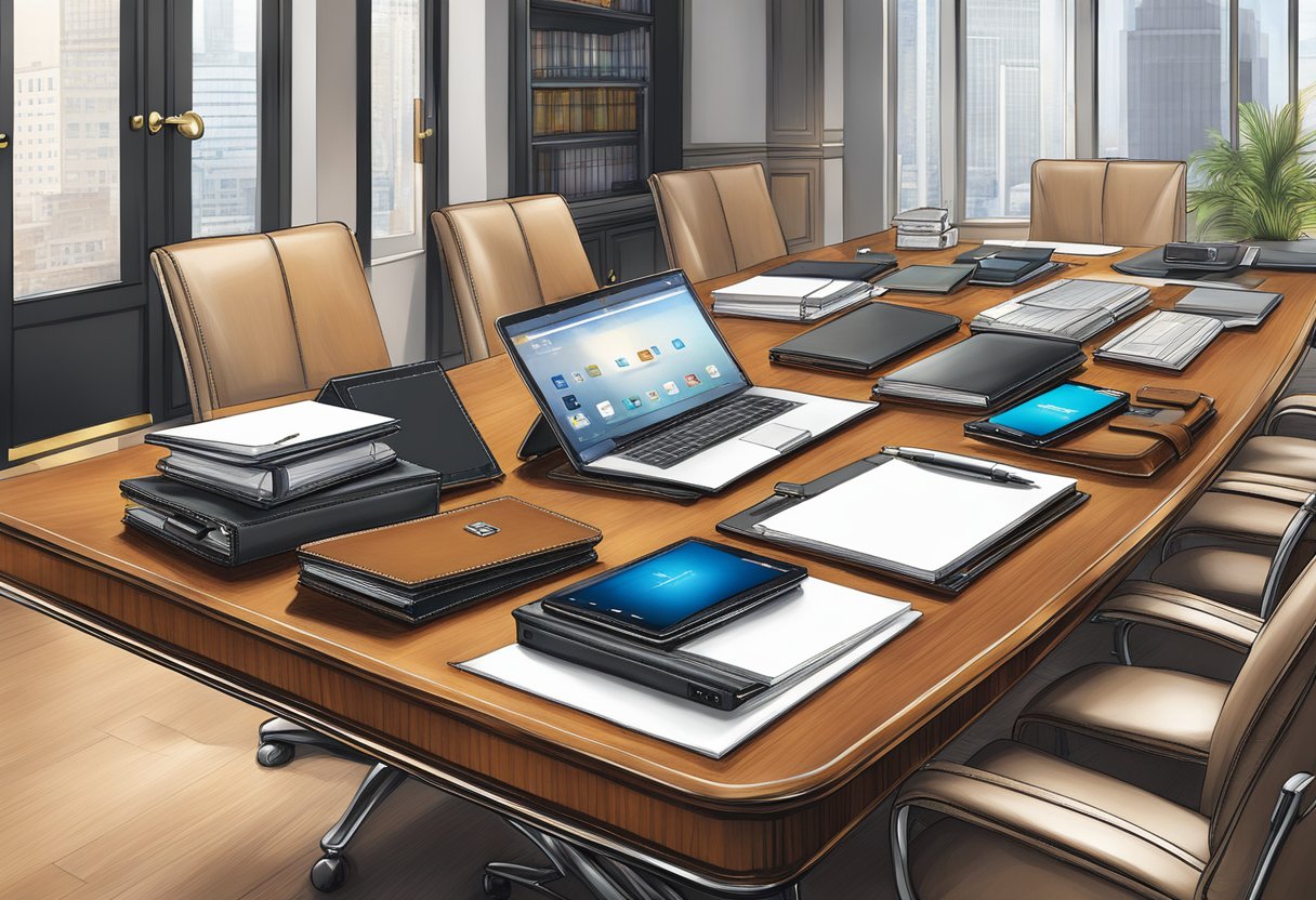 A lavish boardroom table adorned with elegant, personalized corporate gifts, including leather-bound notebooks, engraved pens, and sleek tech gadgets