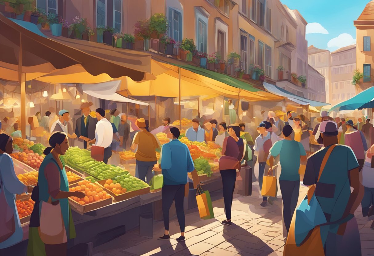 A bustling marketplace with vendors engaging with customers, showcasing products and services. The atmosphere is lively and vibrant, with people interacting and exchanging goods