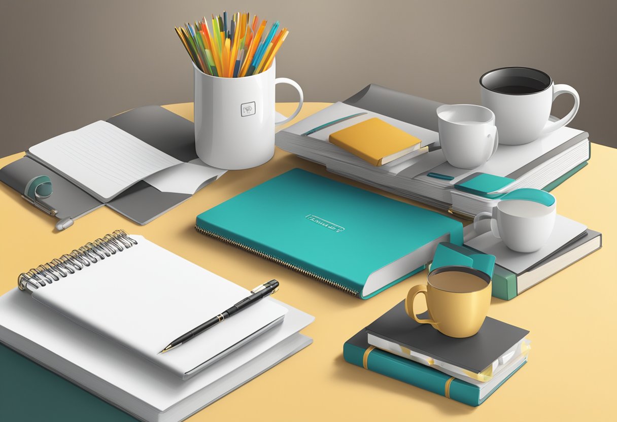 A table displaying various corporate gifts, including branded pens, notebooks, and mugs. A stack of elegant gift boxes in the background