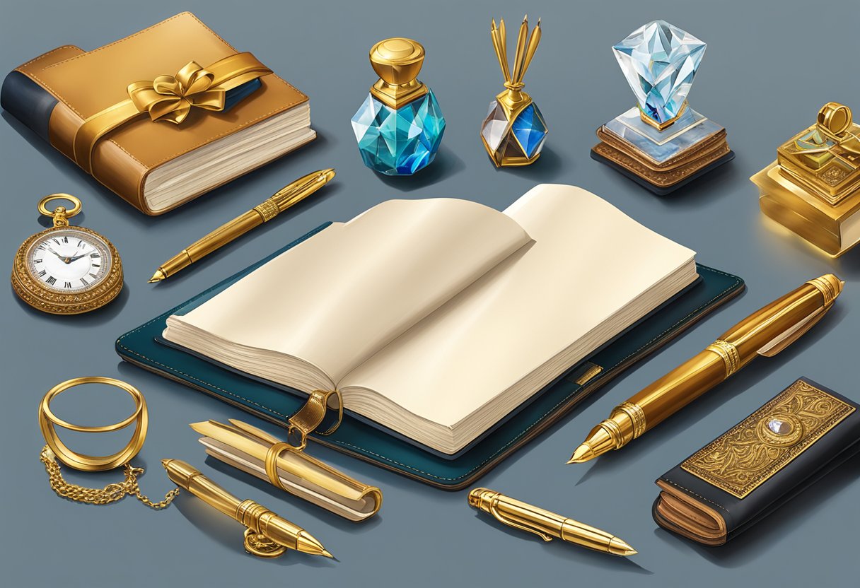 A lavish office desk adorned with premium gift items like leather-bound journals, crystal paperweights, and gold-plated pen sets