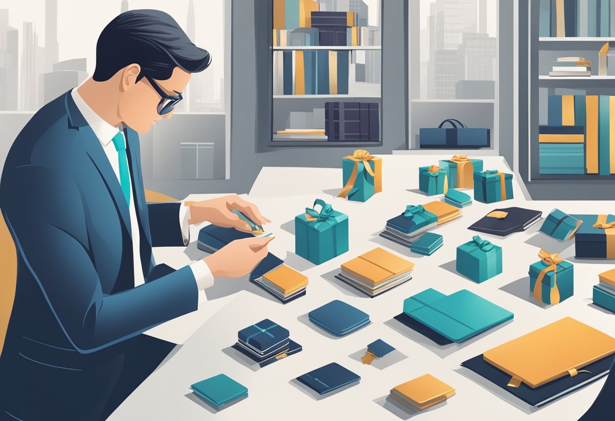 A person in a business suit carefully selects from an array of elegant corporate gifts displayed on a sleek, modern table
