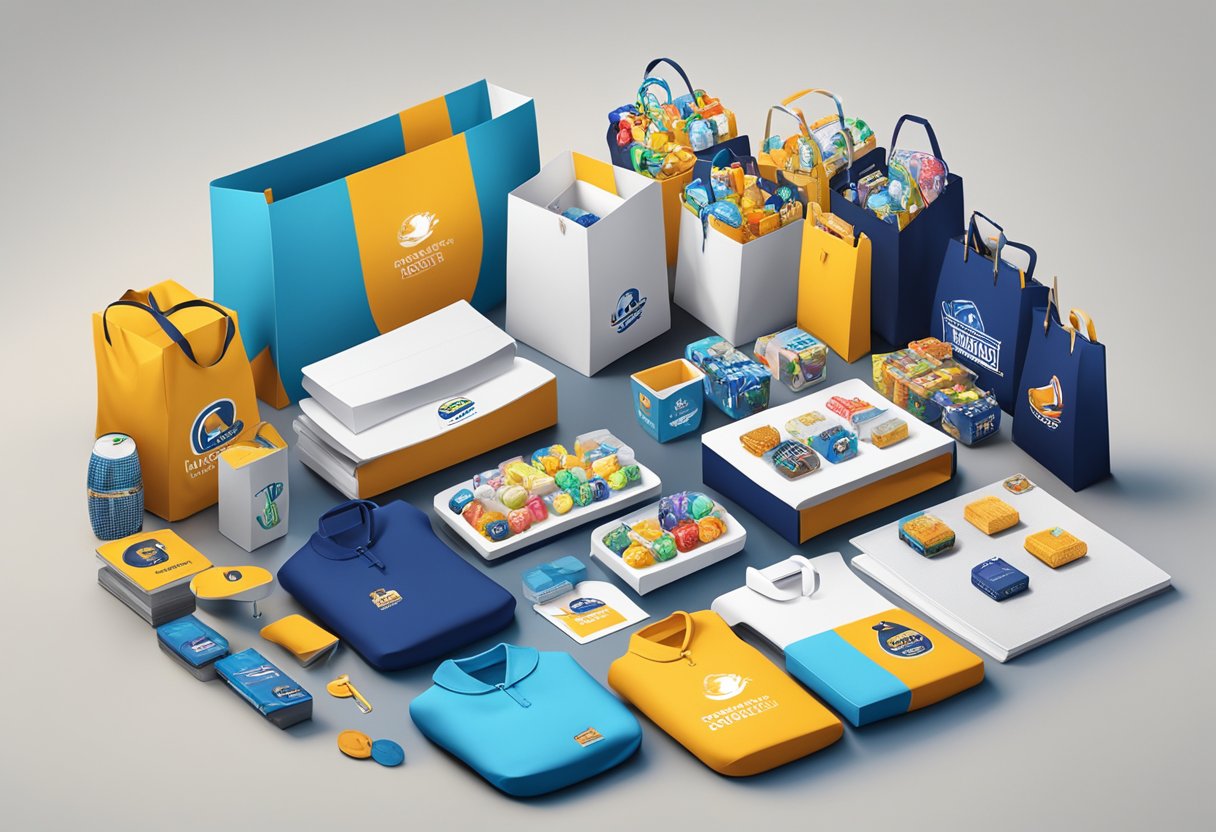 A table filled with branded merchandise and gift baskets, surrounded by corporate logos and promotional materials