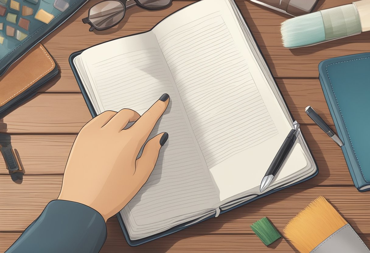 A hand reaches out to select a leather notebook from a display. The notebook is then gently cleaned and conditioned with leather care products