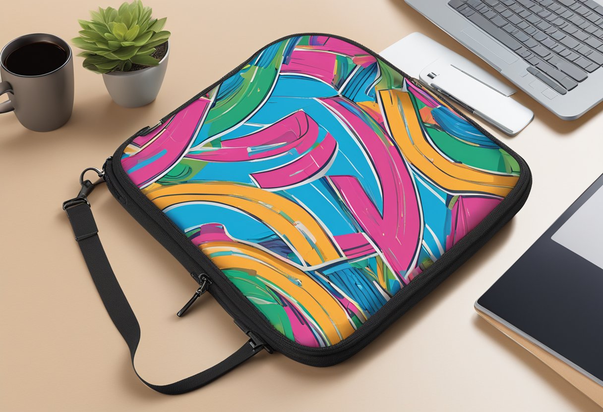 A neoprene laptop sleeve with "Frequently Asked Questions" logo, displayed as a corporate gift