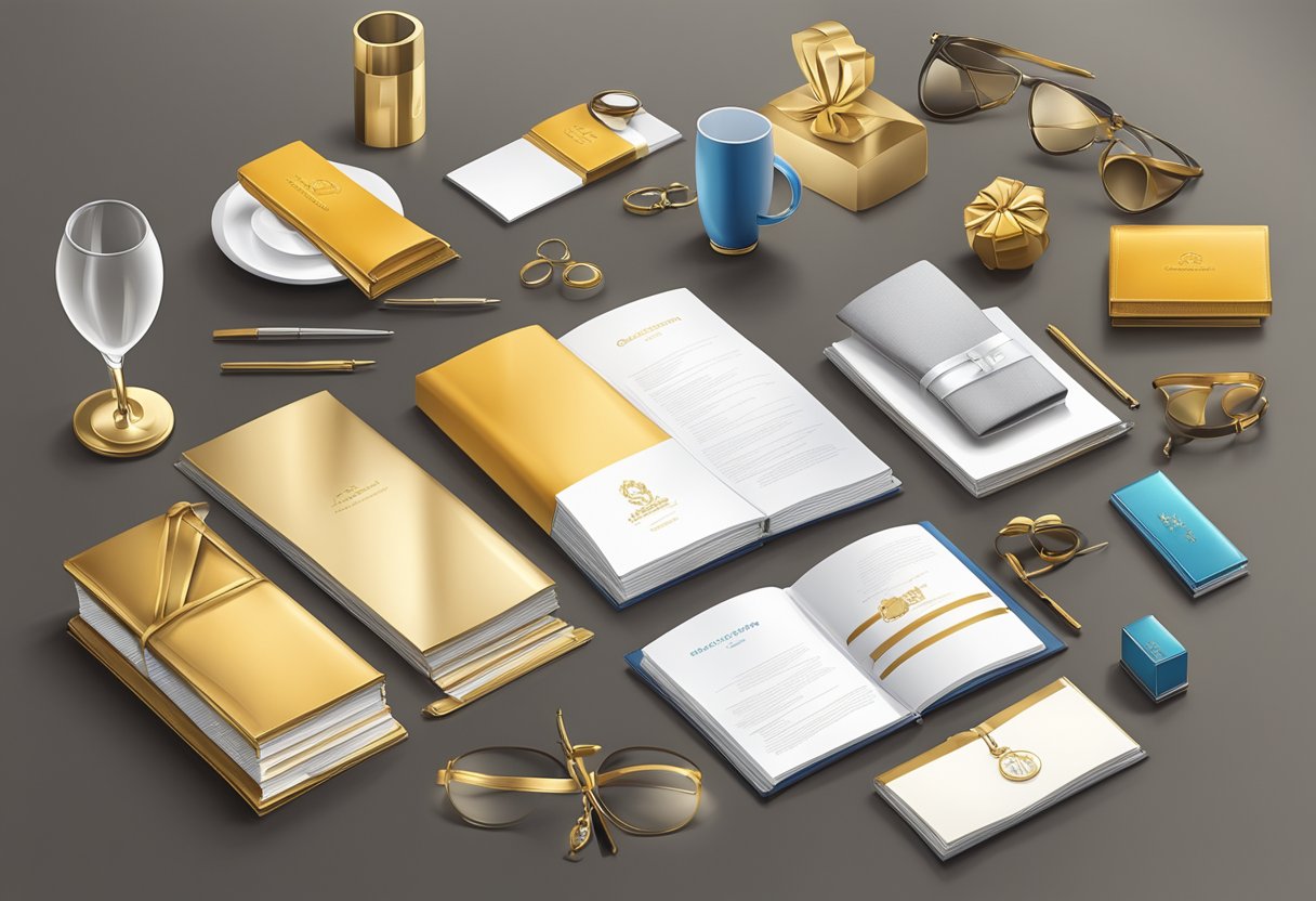 A table displaying a variety of corporate gifts, including branded items, luxury goods, and personalized awards. A professional setting with a focus on quality and customization