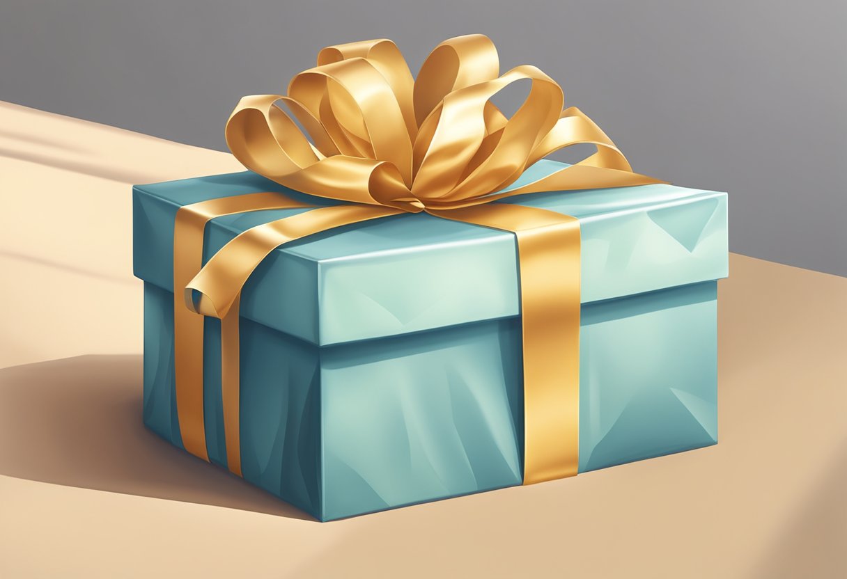 A single, beautifully wrapped gift sits on a plain table, surrounded by soft, natural light