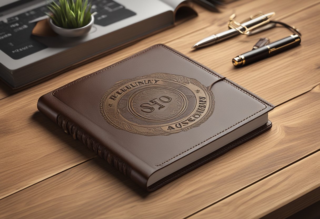 A leather notebook with "Frequently Asked Questions" embossed on the cover, resting on a wooden desk with a pen beside it