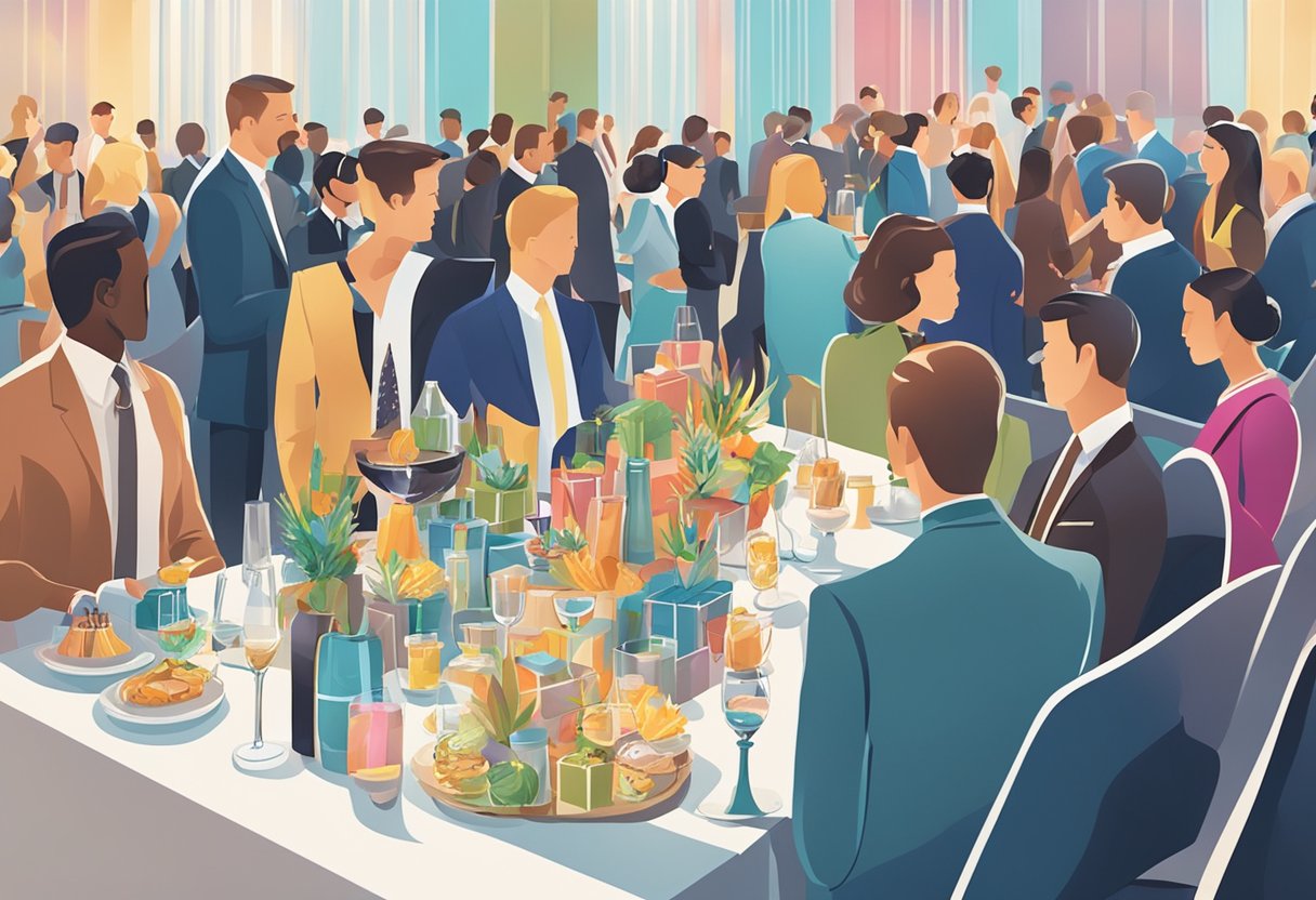A table with elegant corporate gifts displayed, surrounded by people conversing and networking at a fancy event