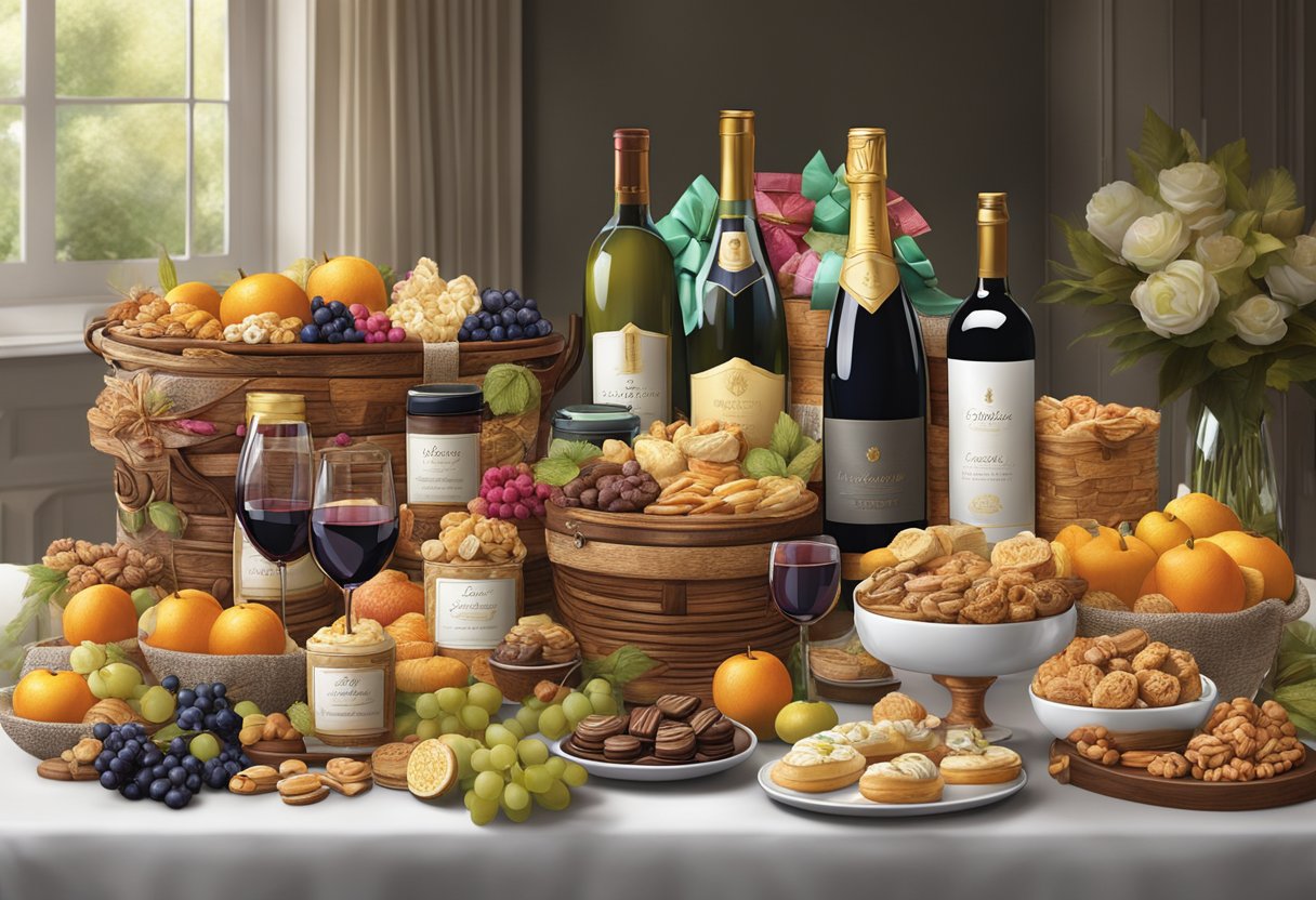A table adorned with elegant, overflowing gift baskets - filled with gourmet treats, fine wines, and luxurious products