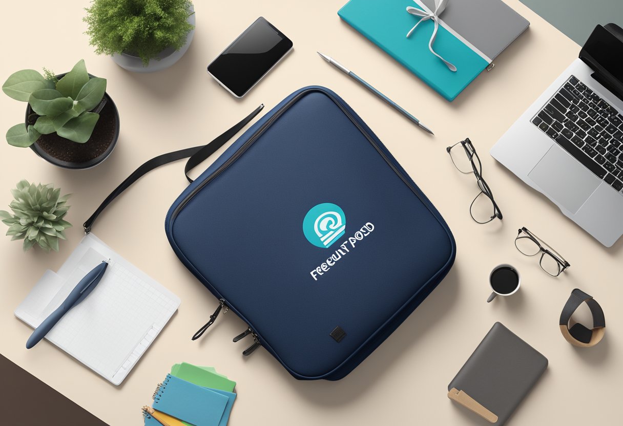 A laptop sleeve with "Frequently Asked Questions" logo sits on a desk, surrounded by corporate gift items