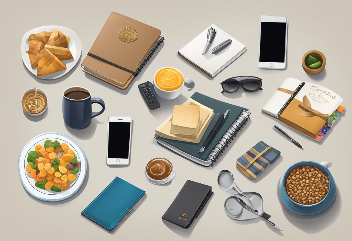 A table with a variety of unique corporate gift items such as personalized journals, tech gadgets, and gourmet gift baskets
