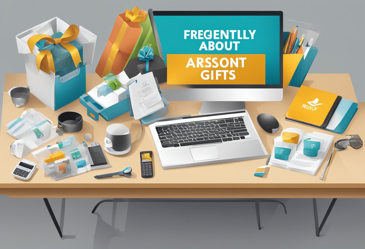 A table with various corporate gifts displayed, including branded items and promotional products. A sign reads "Frequently Asked Questions about RSIS corporate gifts."