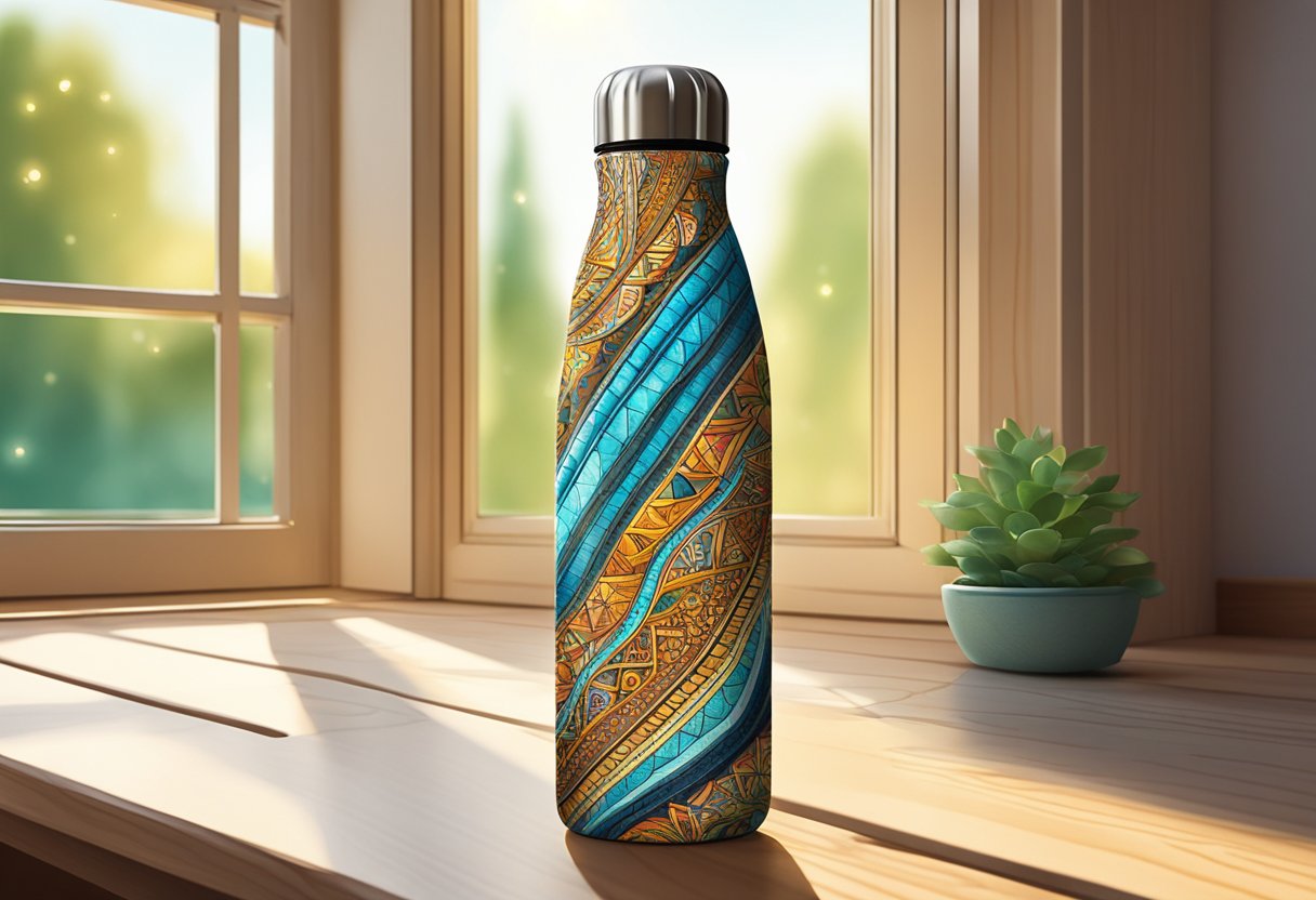 A customised water bottle sits on a wooden table, adorned with vibrant colors and unique patterns. The sunlight streams through a nearby window, casting a warm glow on the bottle's surface