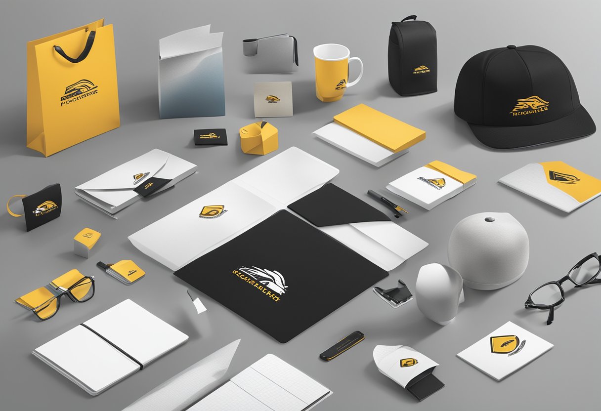 A corporate logo prominently displayed on high-quality gift items, surrounded by professional branding materials and marketing collateral