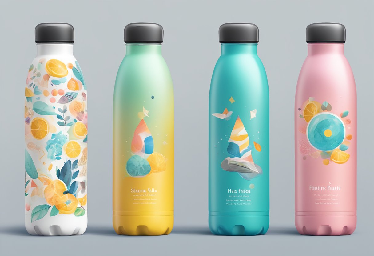 A hand holding a personalized water bottle with various customisation options like color, design, and text