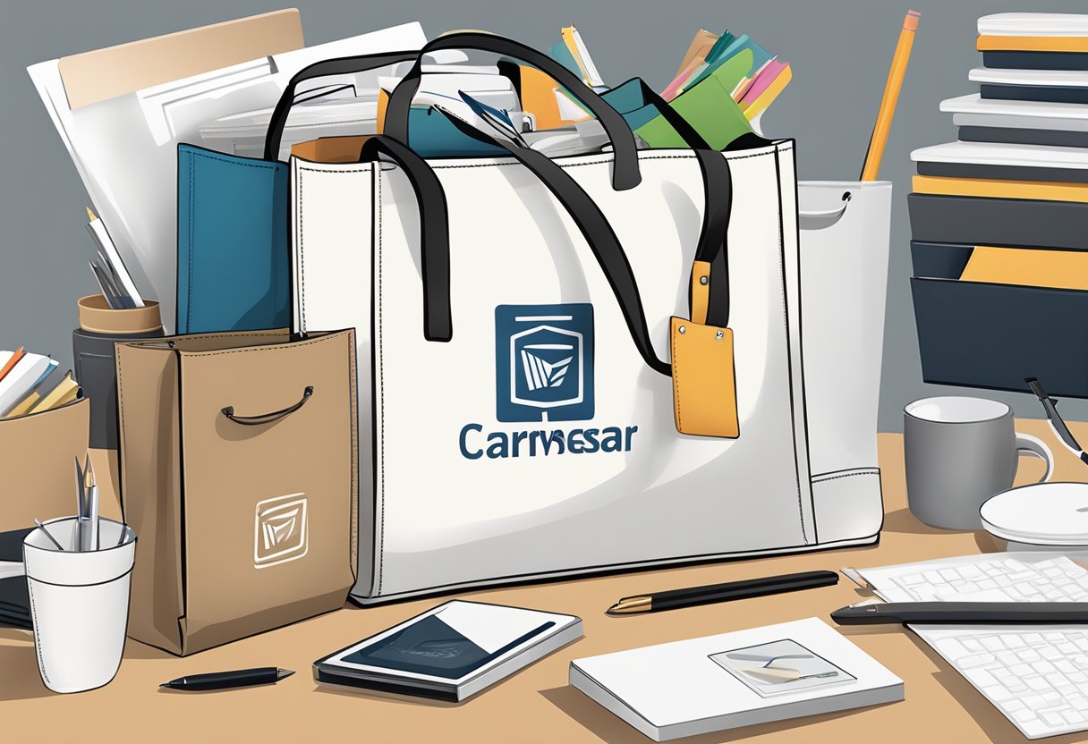A pile of branded tote bags sits on a table, surrounded by office supplies and a laptop. A corporate logo is prominently displayed on the front of each bag