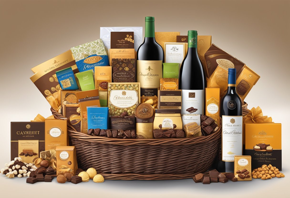 A lavish gift basket overflows with premium chocolates, fine wines, and gourmet treats, adorned with elegant ribbons and a personalized card