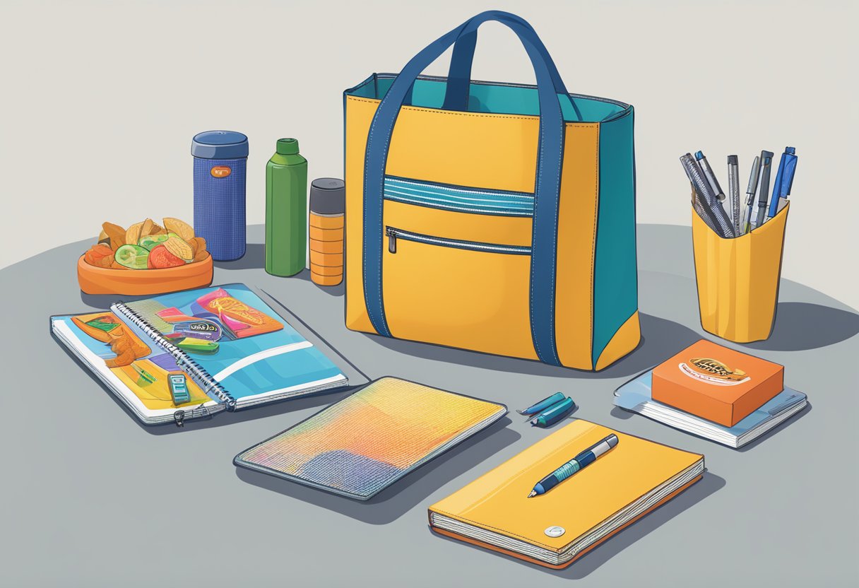 A table displays a branded tote bag filled with branded items like pens, notebooks, and snacks