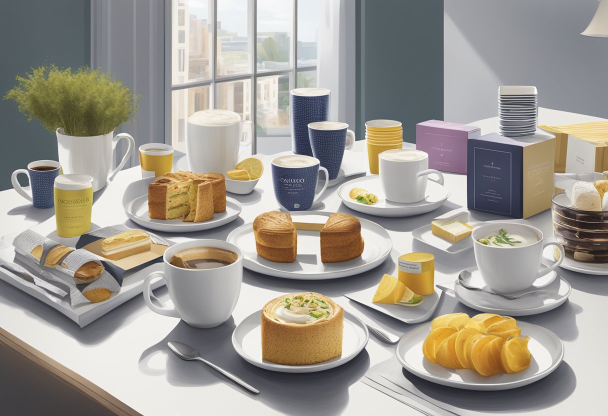 A table displays a variety of Marks and Spencer corporate gifts, including branded mugs, notebooks, and luxury food hampers