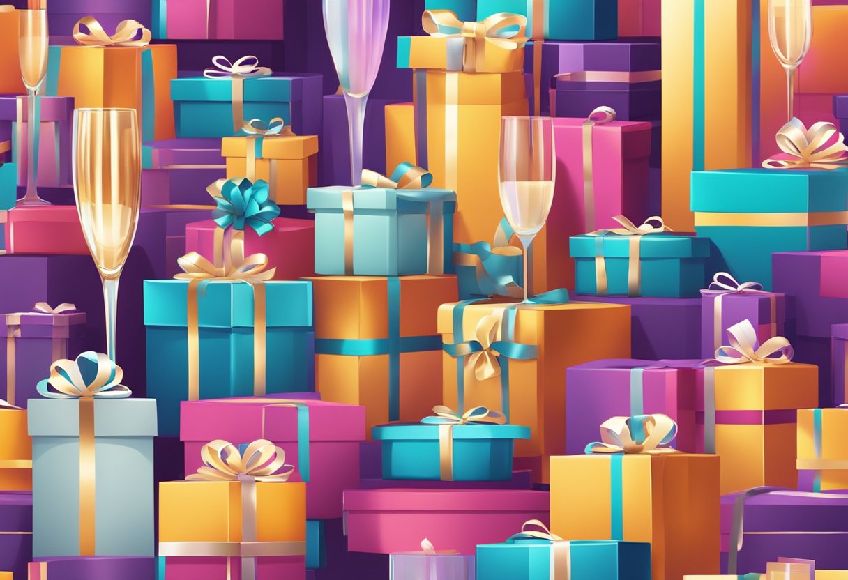 Colorful gift boxes, champagne flutes, and elegant party favors displayed on a sleek table. A festive backdrop with company logos and a lively atmosphere