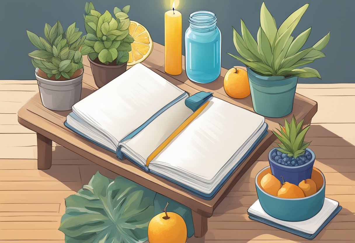 A table adorned with reusable water bottles, potted plants, and eco-friendly candles. A stack of recycled notebooks and a basket of locally sourced fruits
