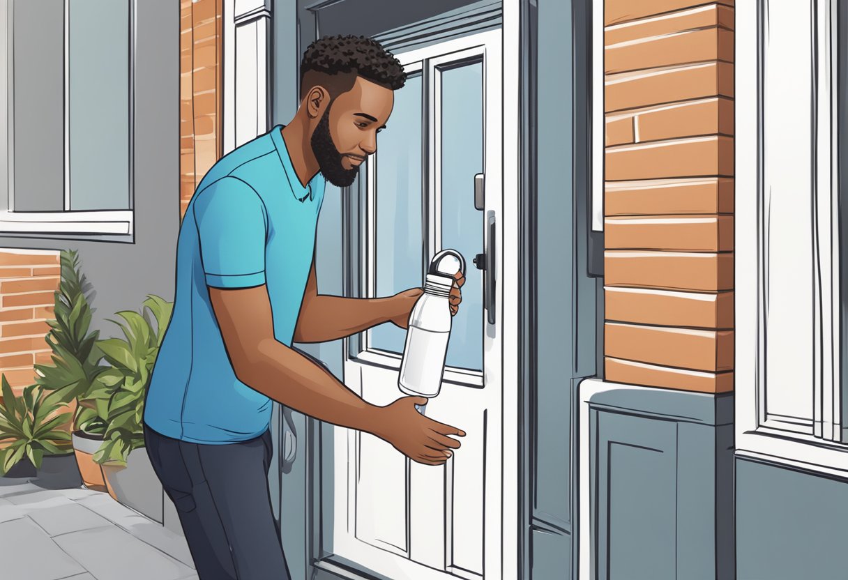 A person placing an order online for a custom water bottle, then receiving the delivery at their doorstep