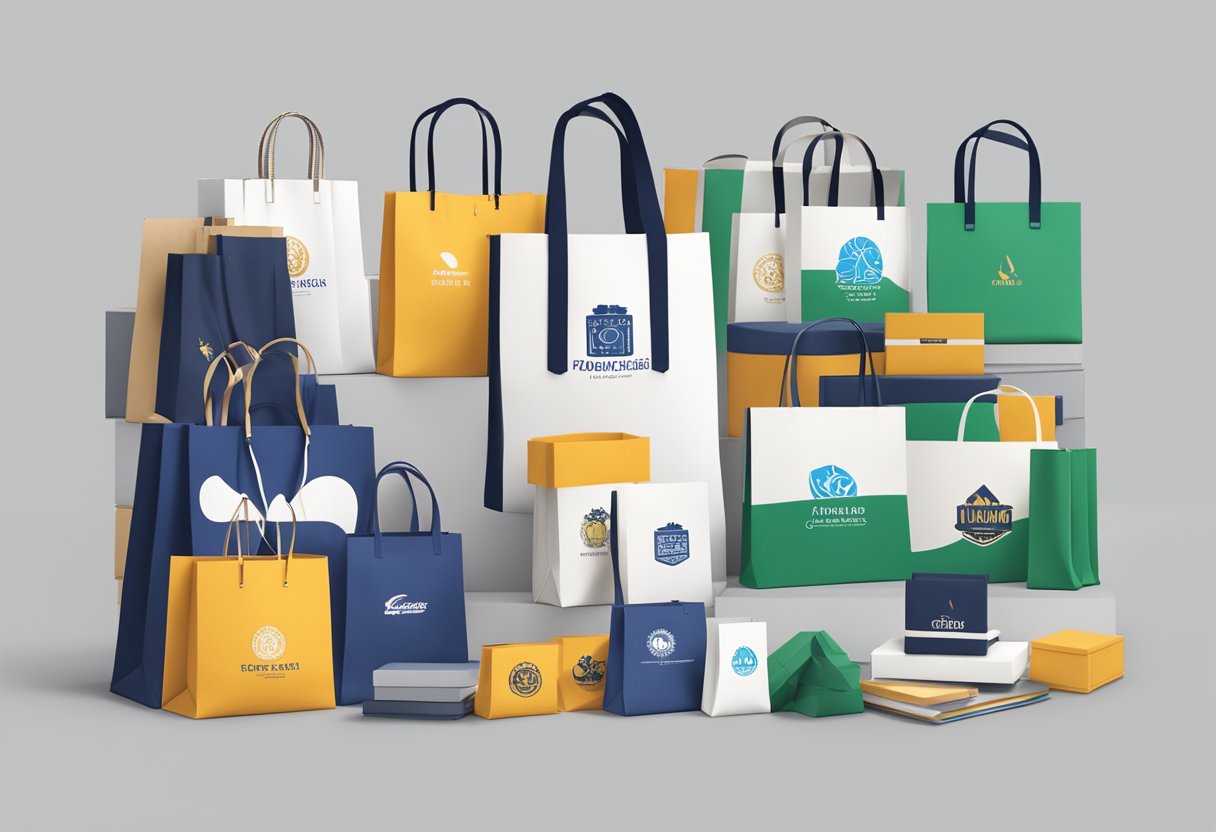 A table displaying various tote bags with corporate logos, surrounded by gift boxes and branded stationery