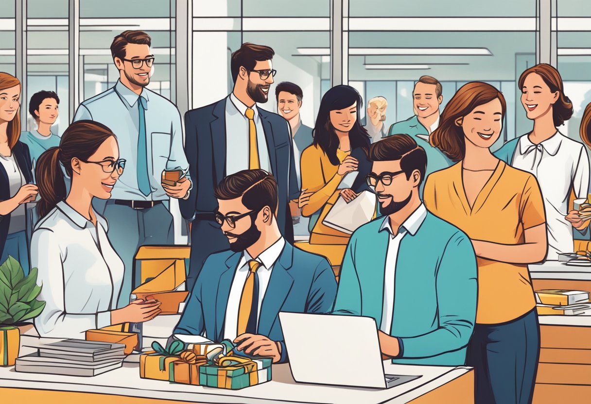 Employees browsing through a variety of corporate gift options at a lively office party