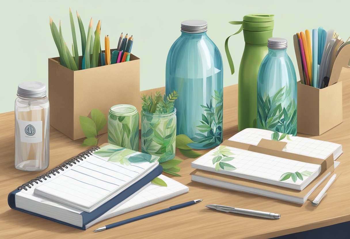 A table adorned with eco-friendly corporate gifts, including reusable water bottles, bamboo utensil sets, and recycled notebooks