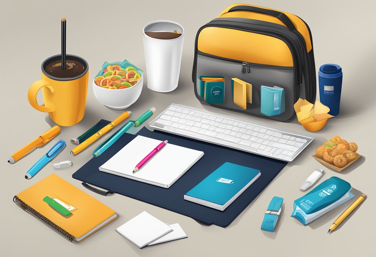 A table with branded items: pens, notepads, mugs, and snacks in a branded bag