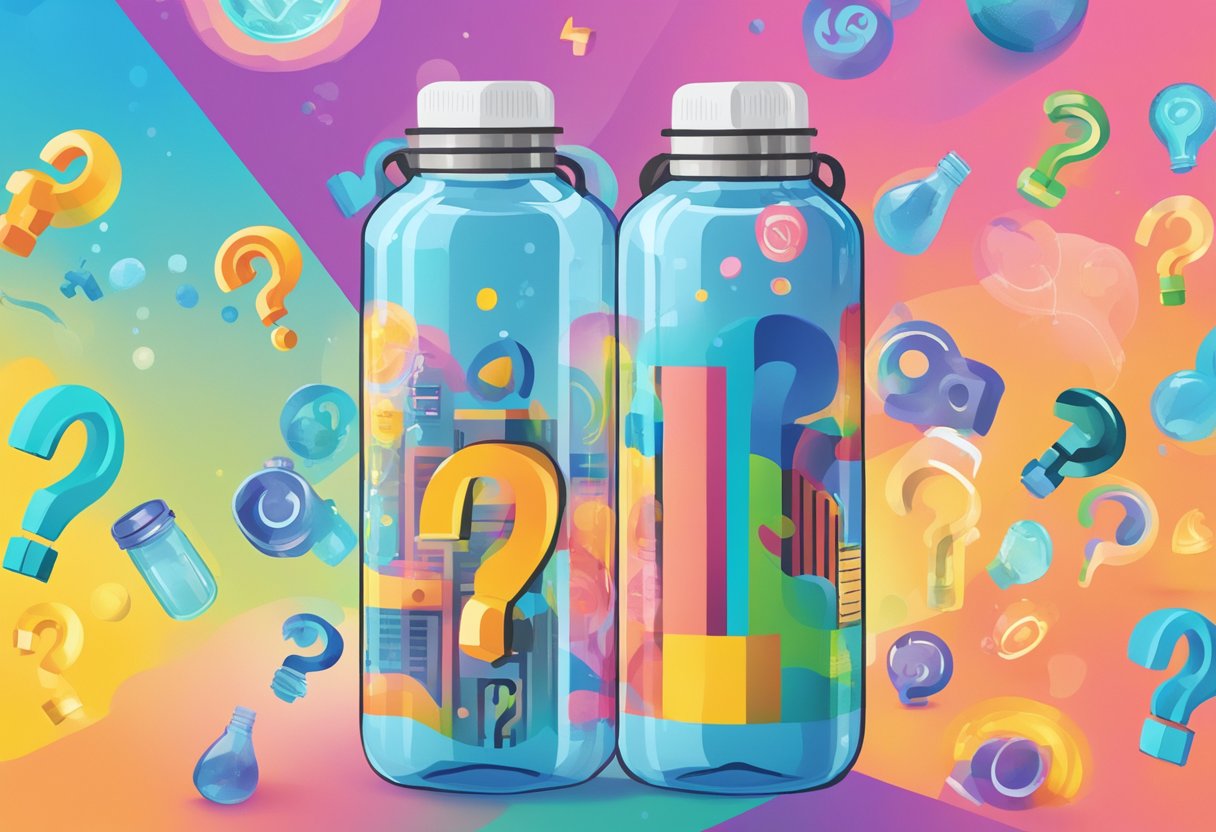 A custom water bottle with "Frequently Asked Questions" printed on it, surrounded by various question marks and a vibrant background