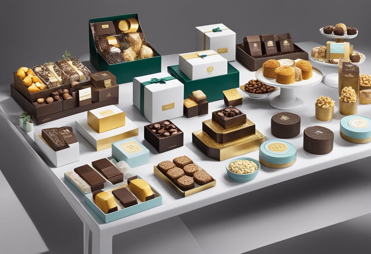 A table displays a variety of Marks and Spencer corporate gifts, including branded hampers, luxury chocolates, and elegant gift sets