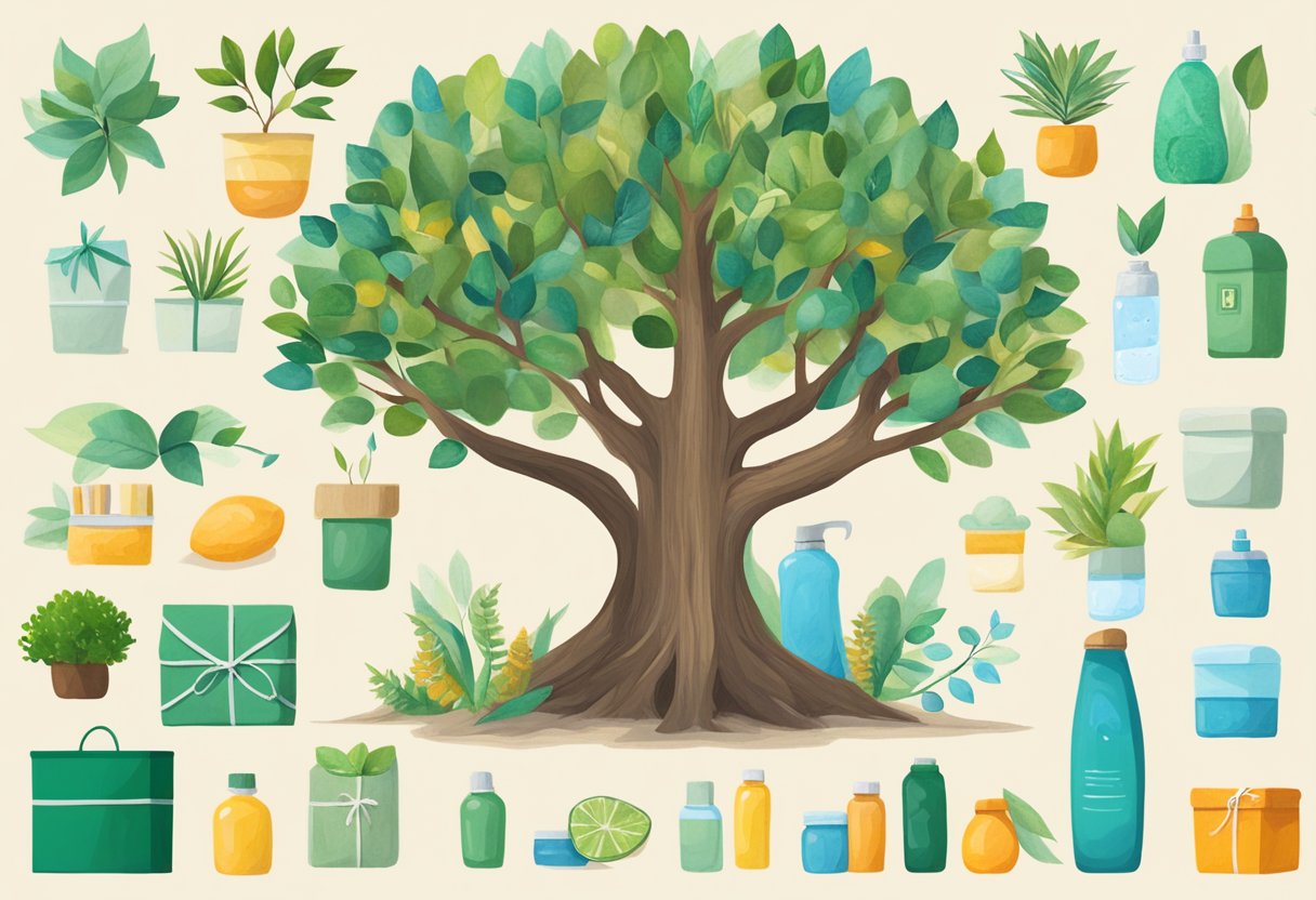 A tree surrounded by various eco-friendly gifts such as reusable water bottles, bamboo utensils, and plant-based skincare products