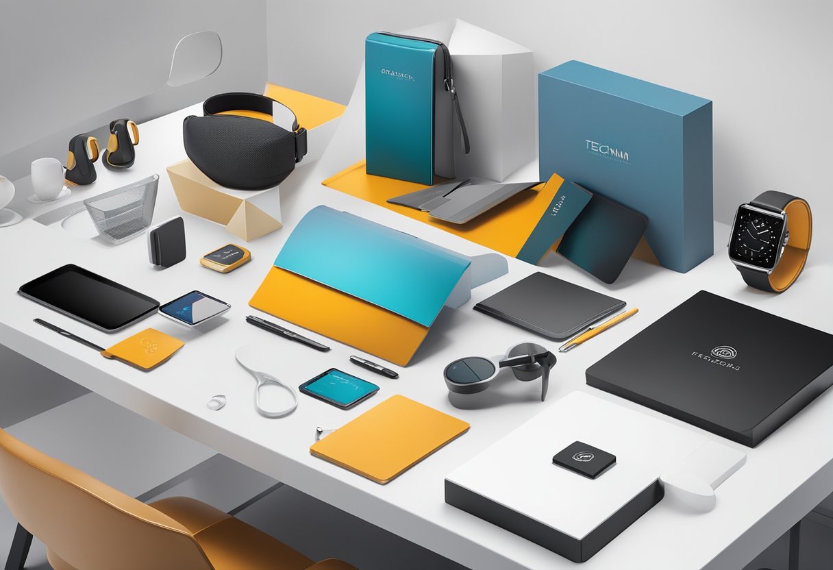 A table adorned with sleek, modern corporate gifts. Logo-branded tech gadgets, elegant desk accessories, and gourmet gift sets displayed attractively
