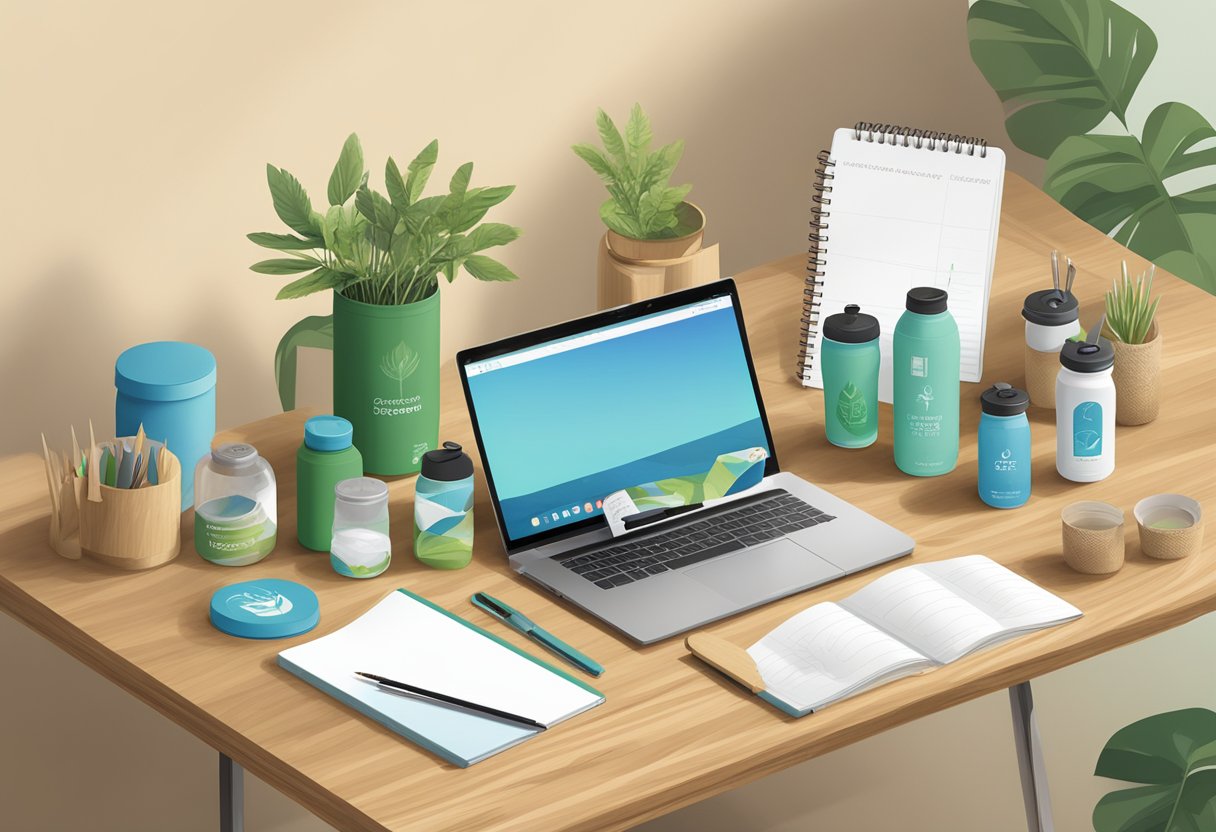 A table displaying eco-friendly corporate gifts, including reusable water bottles, recycled notebooks, and bamboo utensil sets