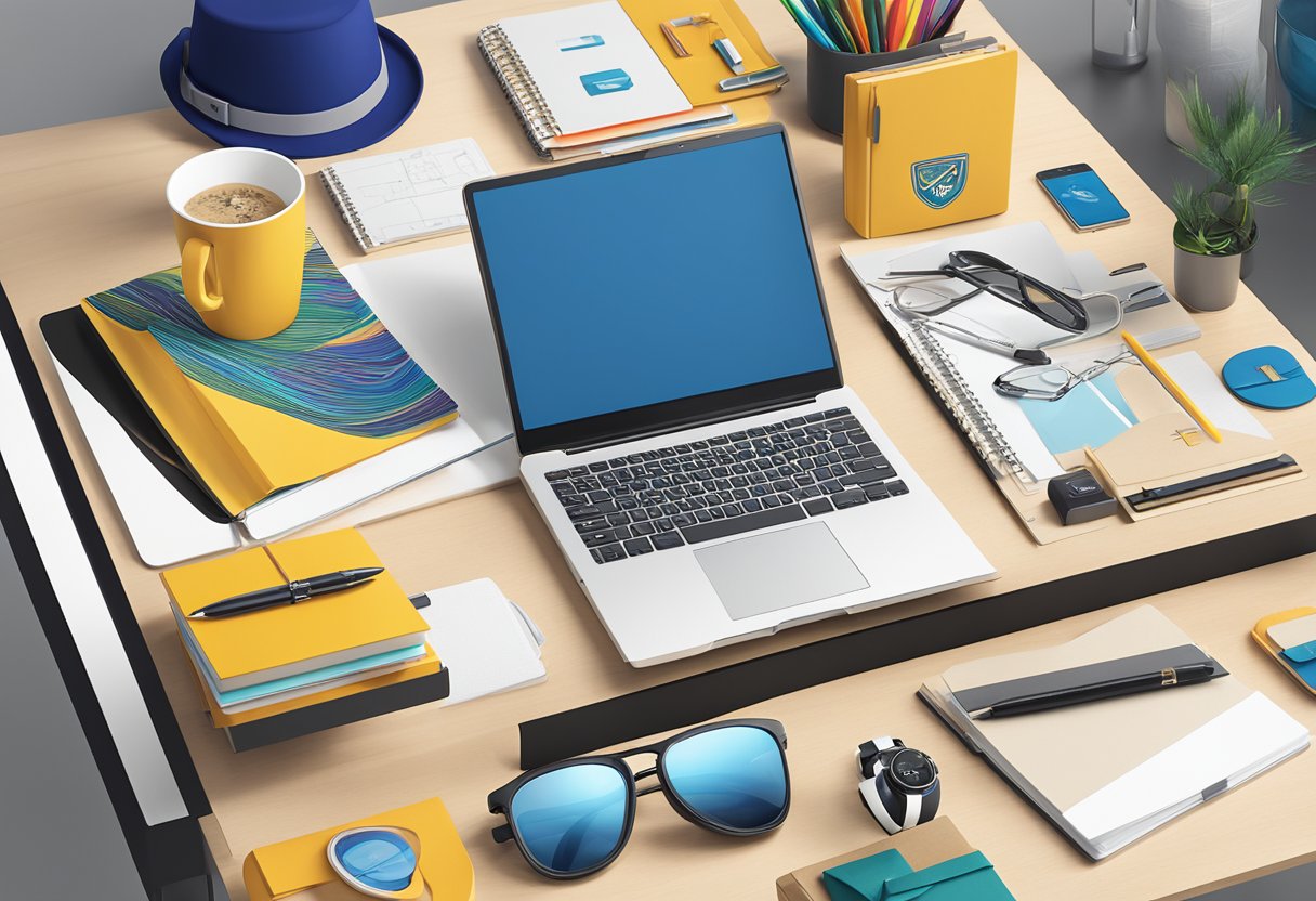 A table adorned with unique, branded gifts: custom notebooks, engraved pens, and sleek tech accessories. A backdrop of vibrant office decor and happy employees