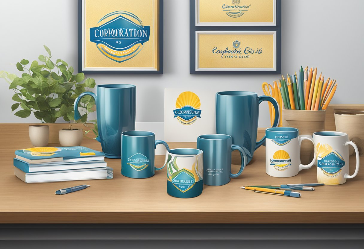 A table displays branded gifts: mugs, pens, and plaques. A backdrop features a company logo and a banner reads "Corporate Appreciation Gifts."