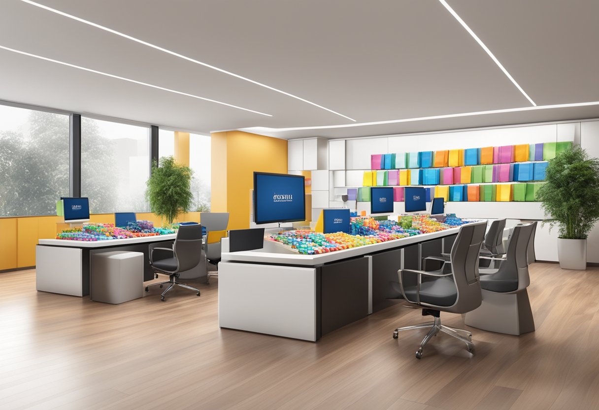 A table filled with elegant boxes of branded chocolates, tied with ribbons and adorned with corporate logos, displayed in a sleek office setting