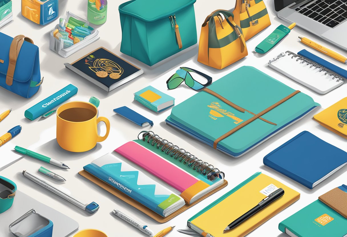 A table displays various themed goodie bag items: branded pens, notebooks, water bottles, and snacks. A company logo is prominently featured on each item